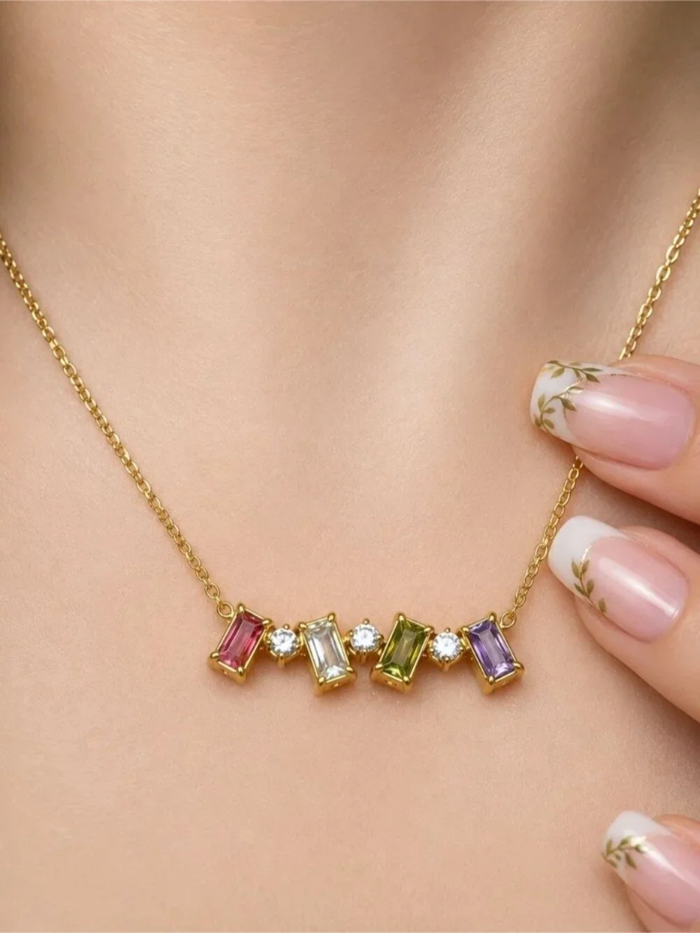 Gold Necklace with Multicolor Square Gemstones